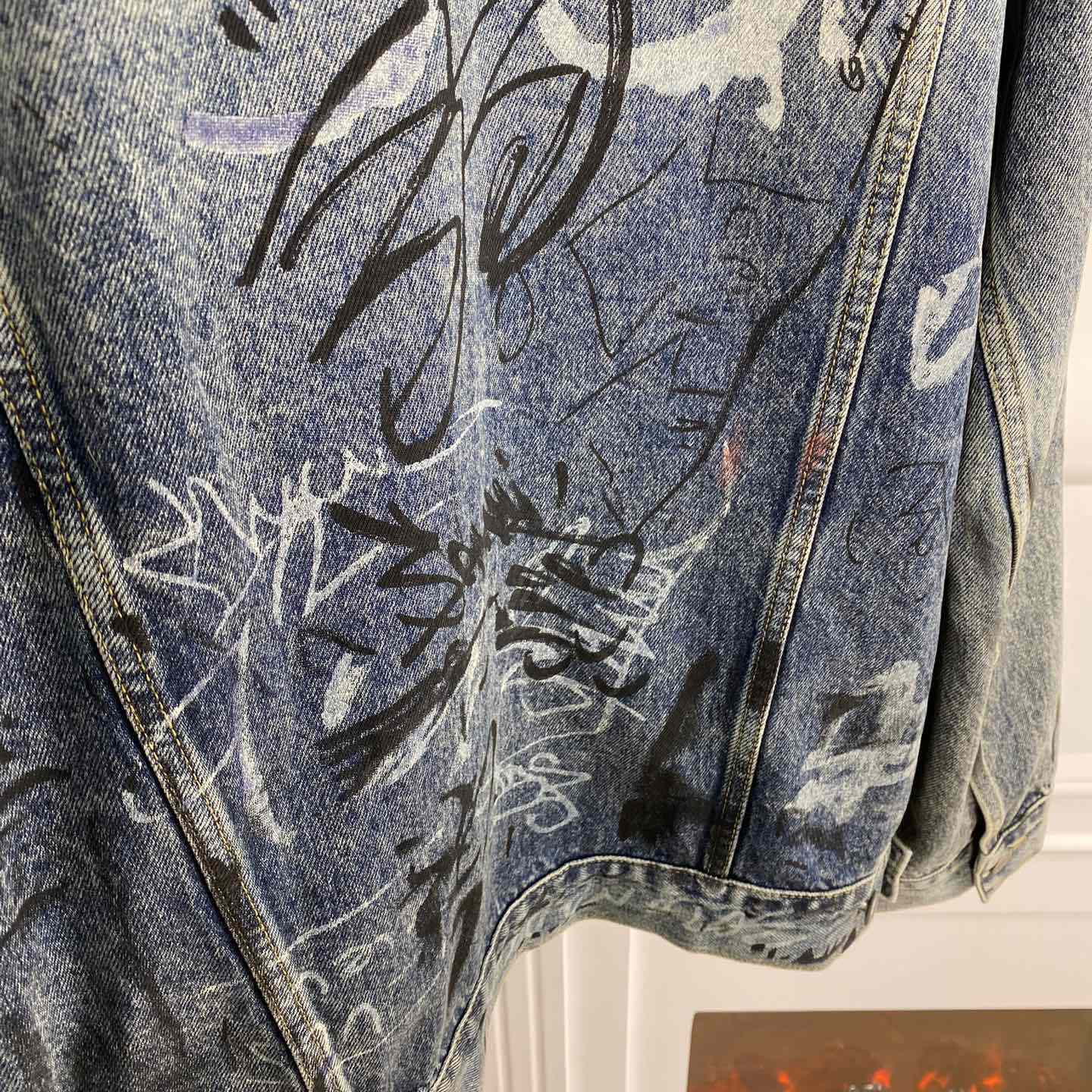 Balenciaga Blue Graffiti Denim Jacket Coat - PerfectKickZ