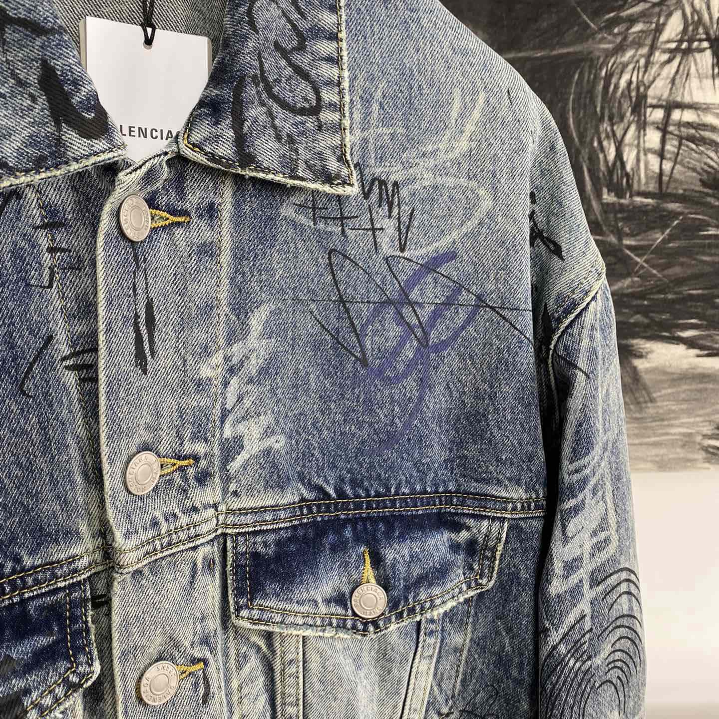 Balenciaga Blue Graffiti Denim Jacket Coat - PerfectKickZ