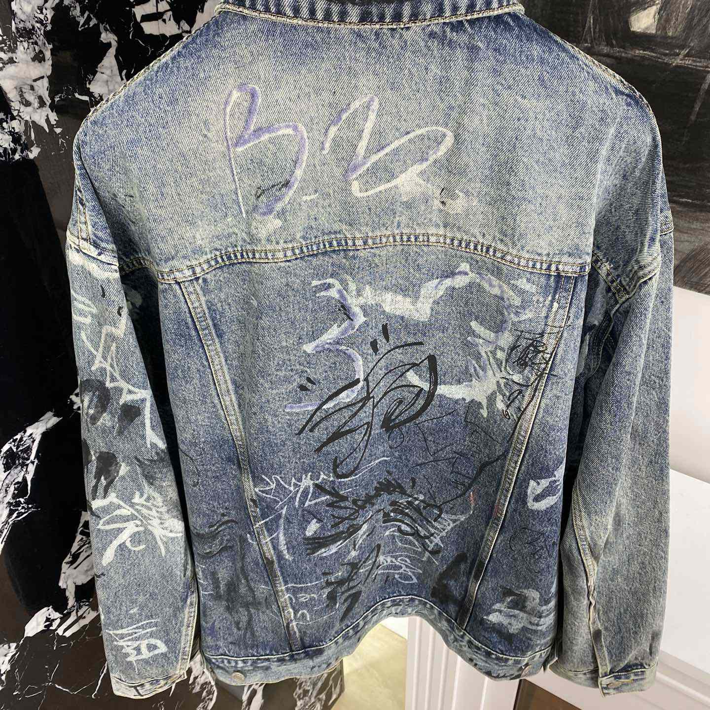 Balenciaga Blue Graffiti Denim Jacket Coat - PerfectKickZ