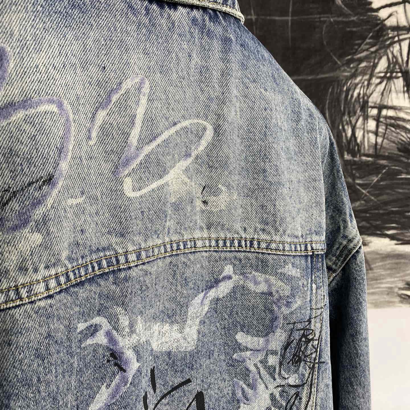 Balenciaga Blue Graffiti Denim Jacket Coat - PerfectKickZ