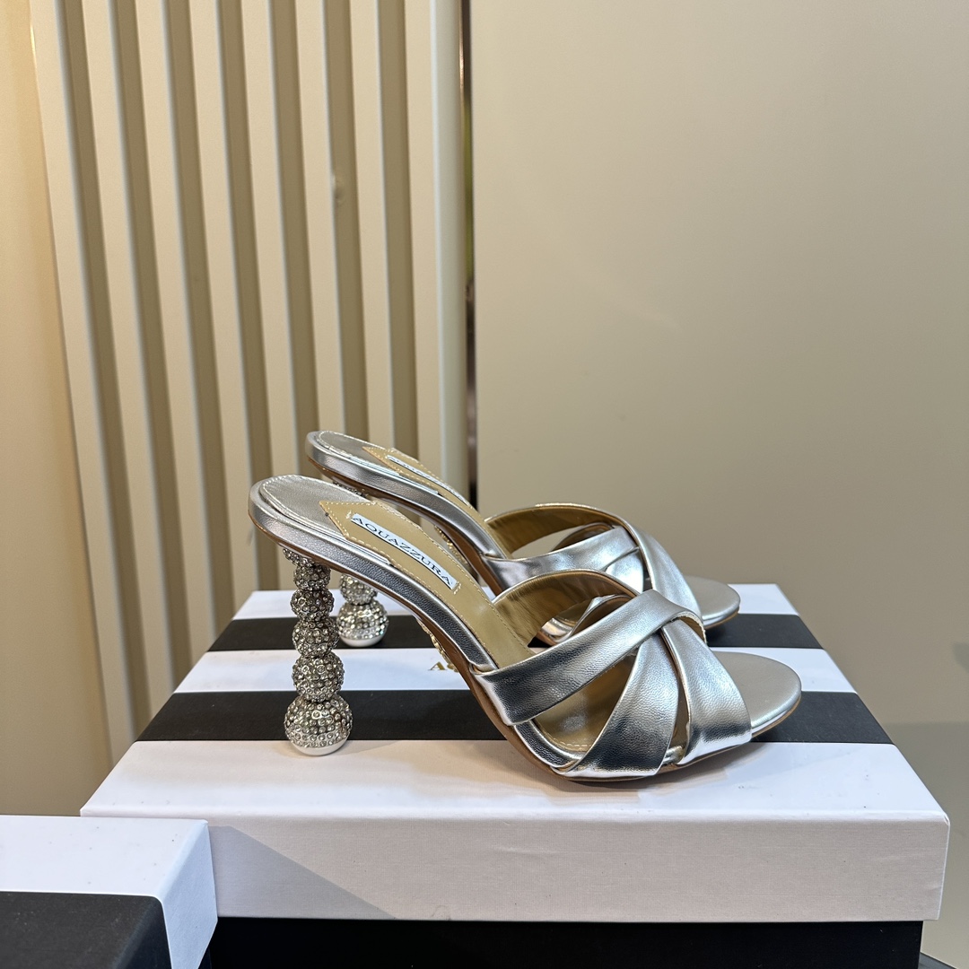 Aquazzura Silver 105mm Yes Baby Satin Mules - PerfectKickZ