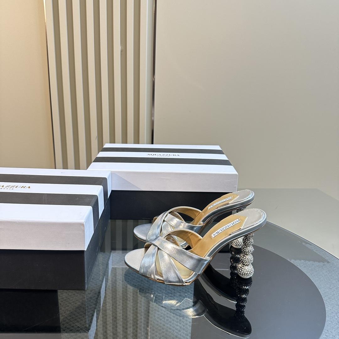Aquazzura Silver 105mm Yes Baby Satin Mules - PerfectKickZ