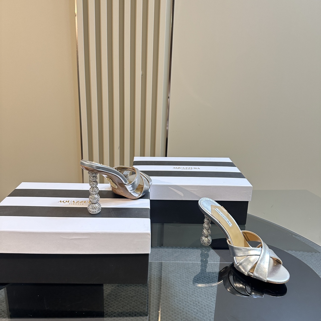 Aquazzura Silver 105mm Yes Baby Satin Mules - PerfectKickZ