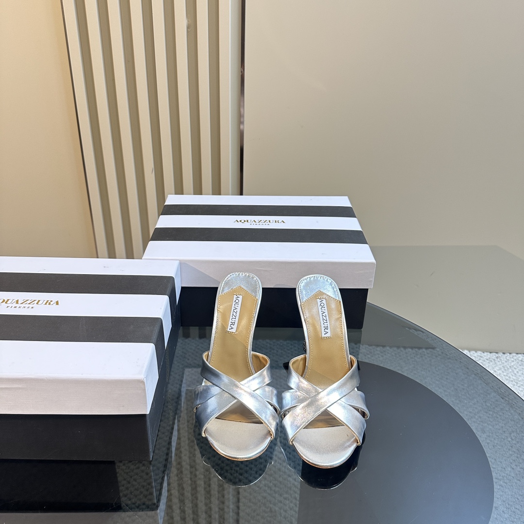 Aquazzura Silver 105mm Yes Baby Satin Mules - PerfectKickZ