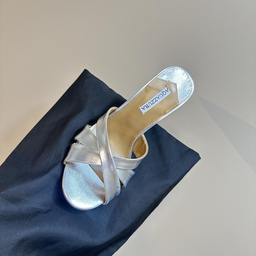 Aquazzura Silver 105mm Yes Baby Satin Mules - PerfectKickZ