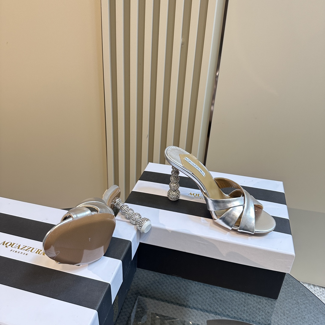 Aquazzura Silver 105mm Yes Baby Satin Mules - PerfectKickZ