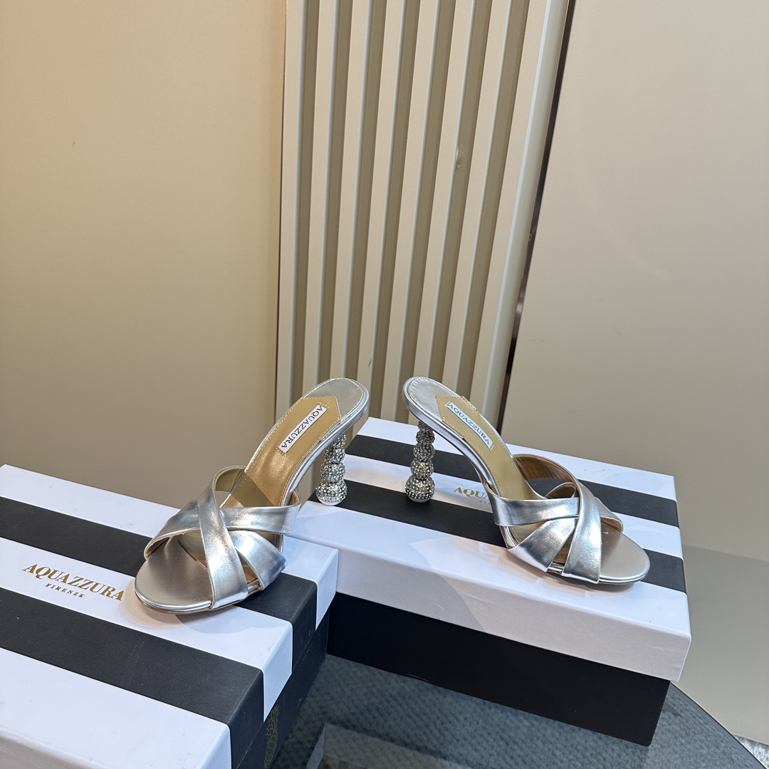Aquazzura Silver 105mm Yes Baby Satin Mules - PerfectKickZ