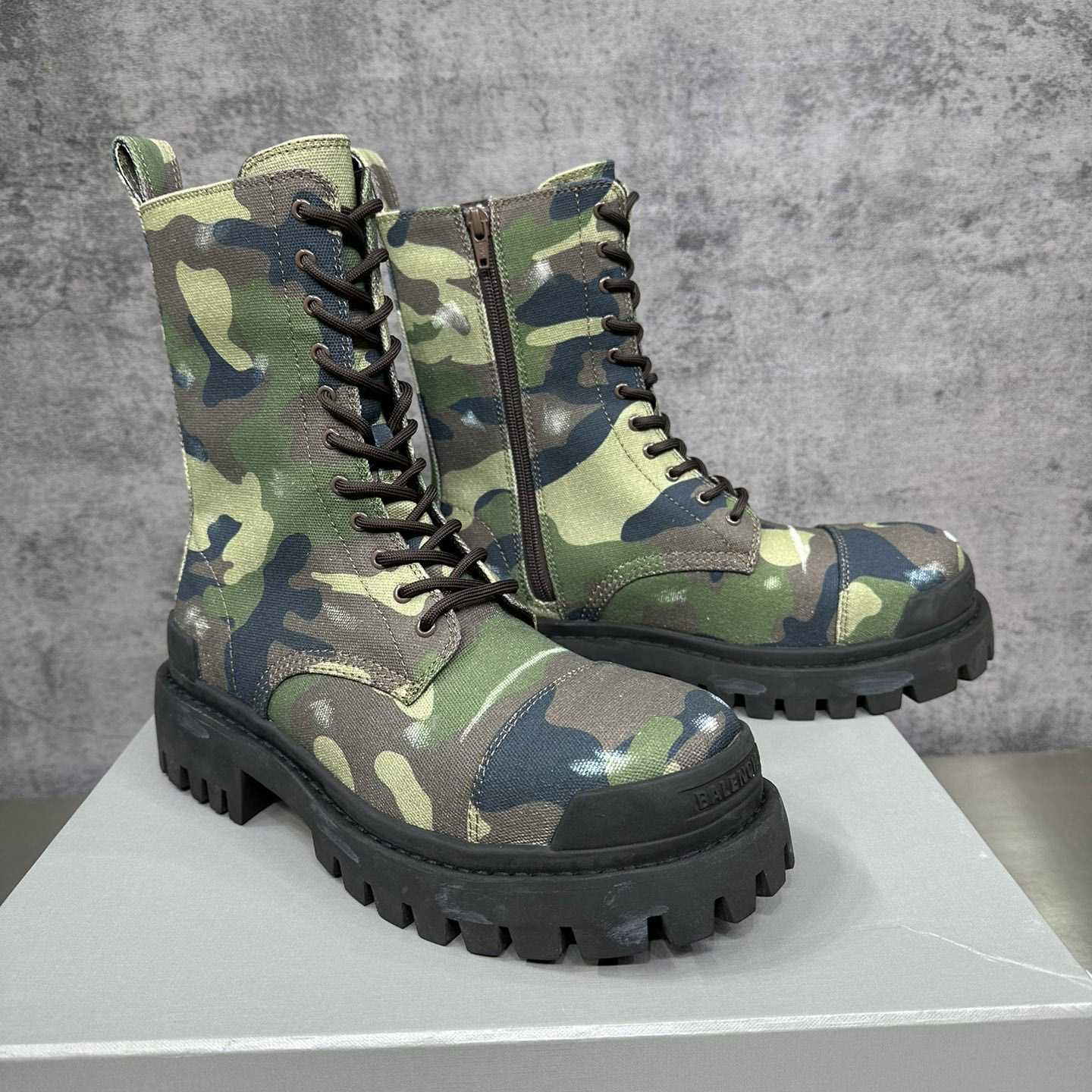 Balenciaga Strike 20mm Boot In Dark Green Camo Print On Canvas - PerfectKickZ