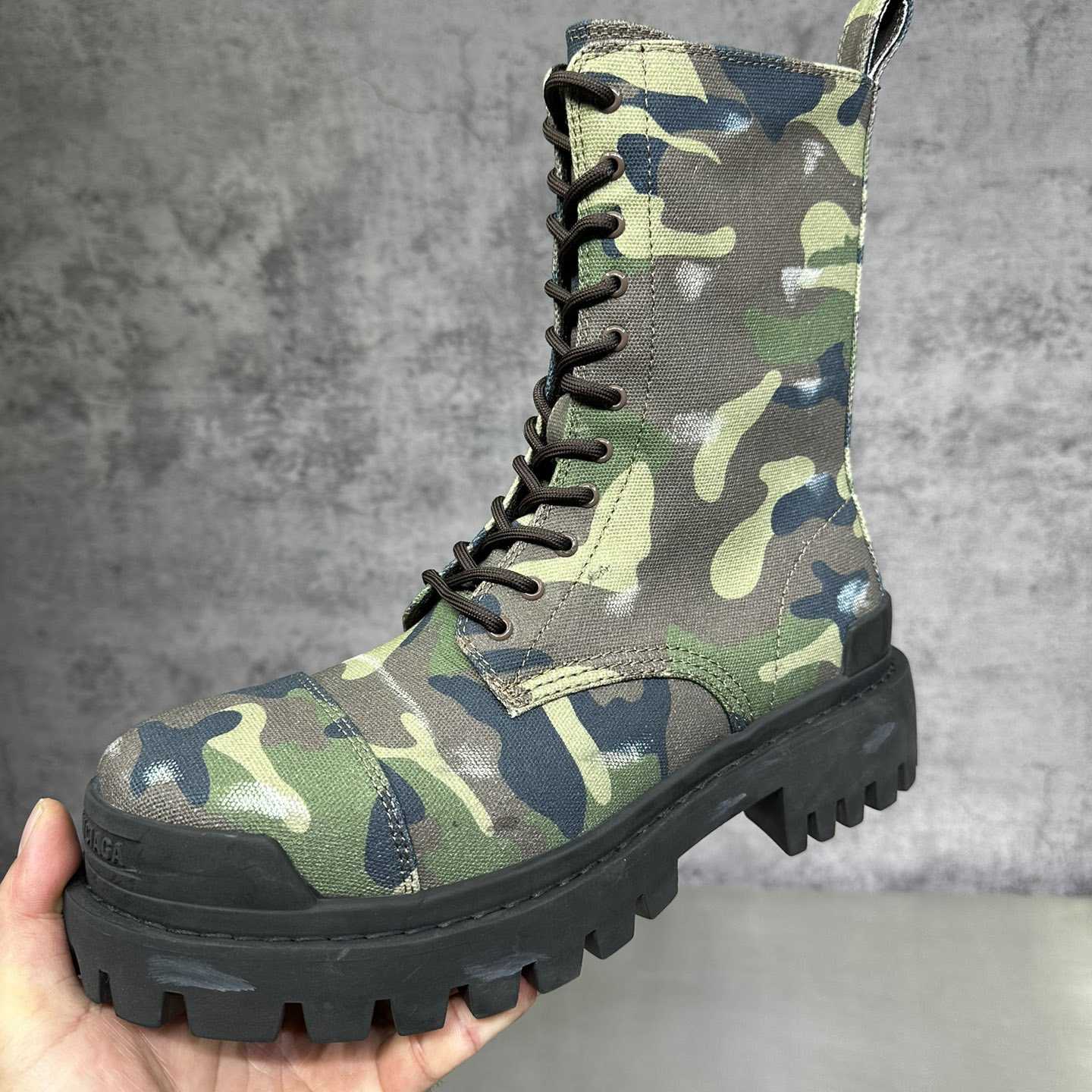 Balenciaga Strike 20mm Boot In Dark Green Camo Print On Canvas - PerfectKickZ