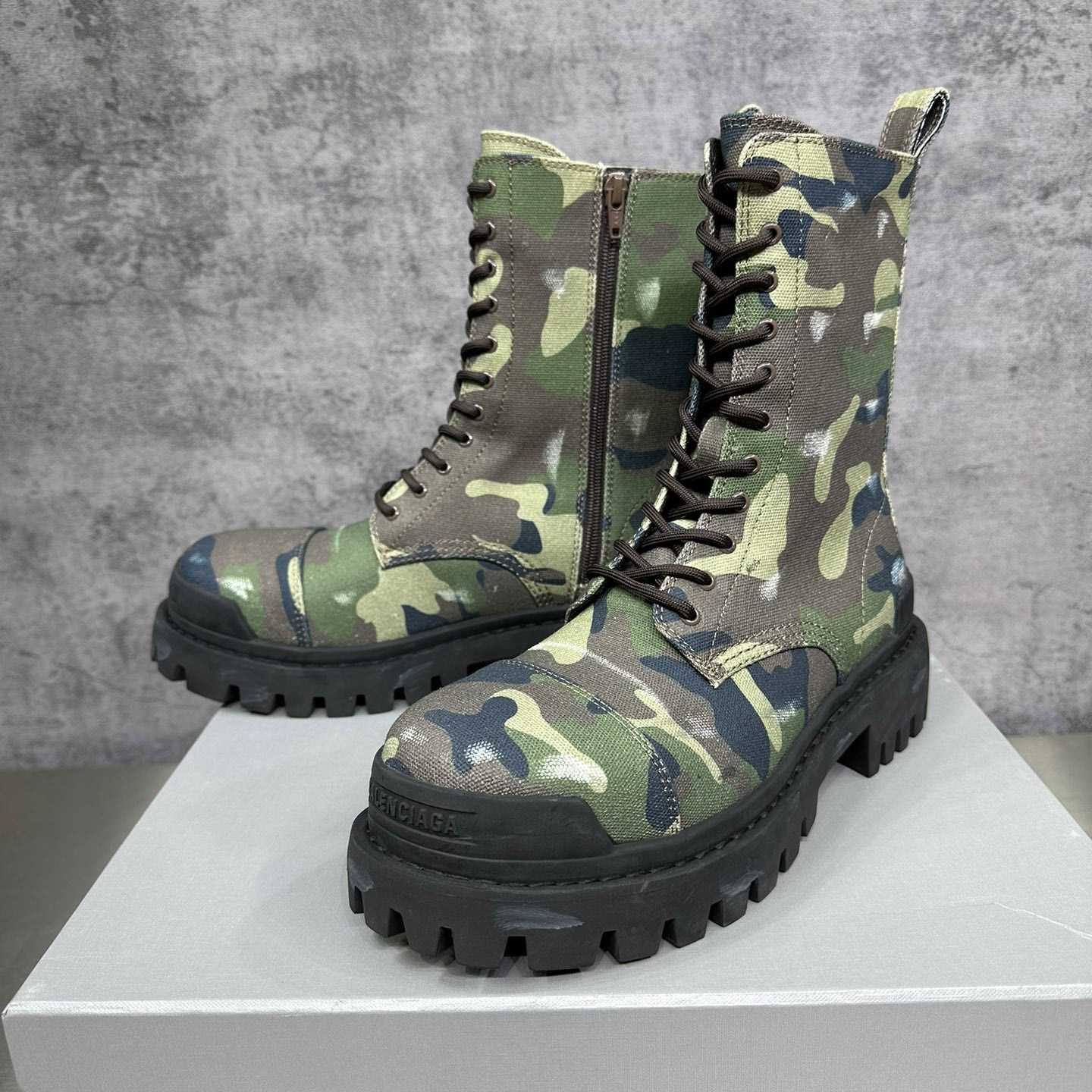 Balenciaga Strike 20mm Boot In Dark Green Camo Print On Canvas - PerfectKickZ