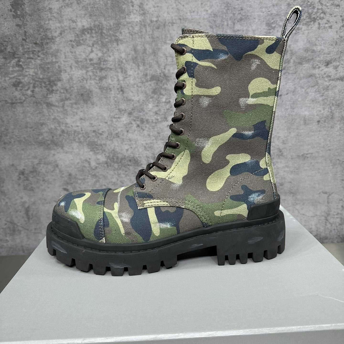 Balenciaga Strike 20mm Boot In Dark Green Camo Print On Canvas - PerfectKickZ