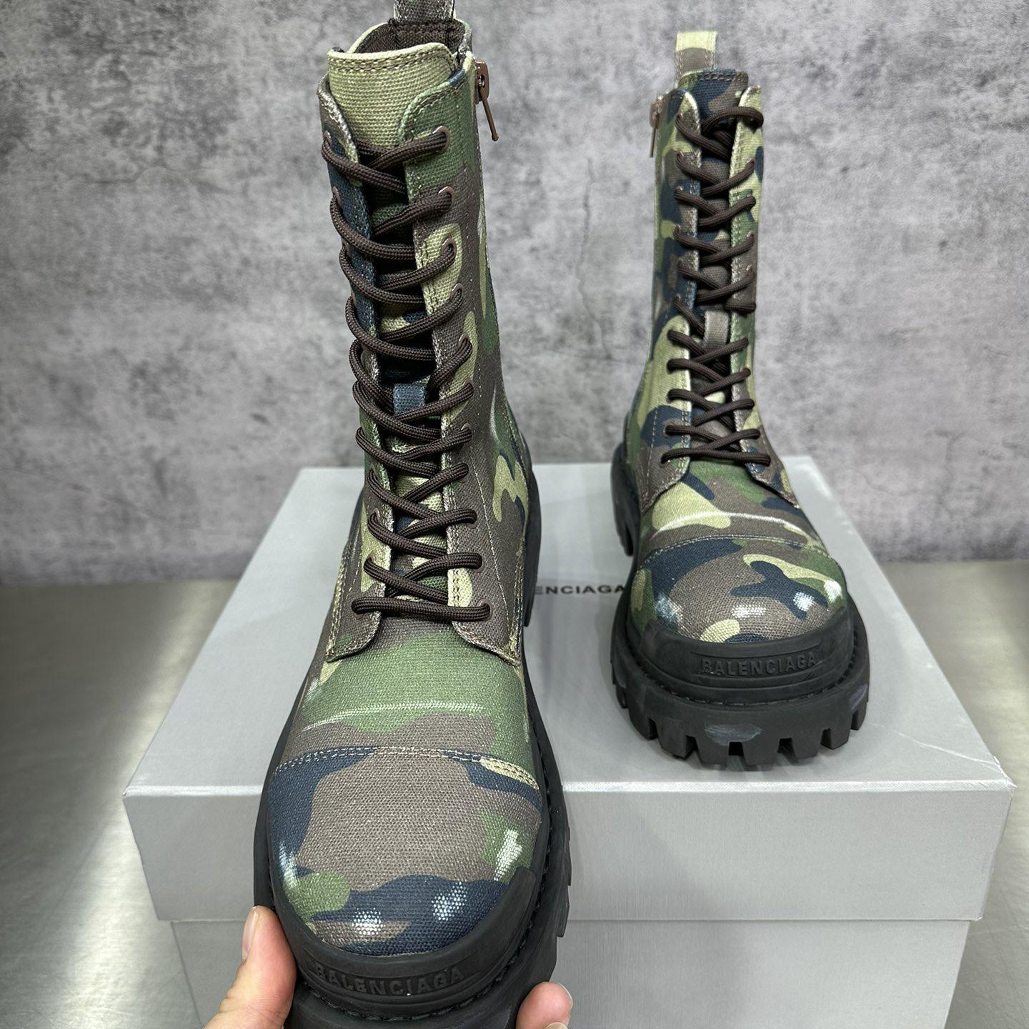 Balenciaga Strike 20mm Boot In Dark Green Camo Print On Canvas - PerfectKickZ