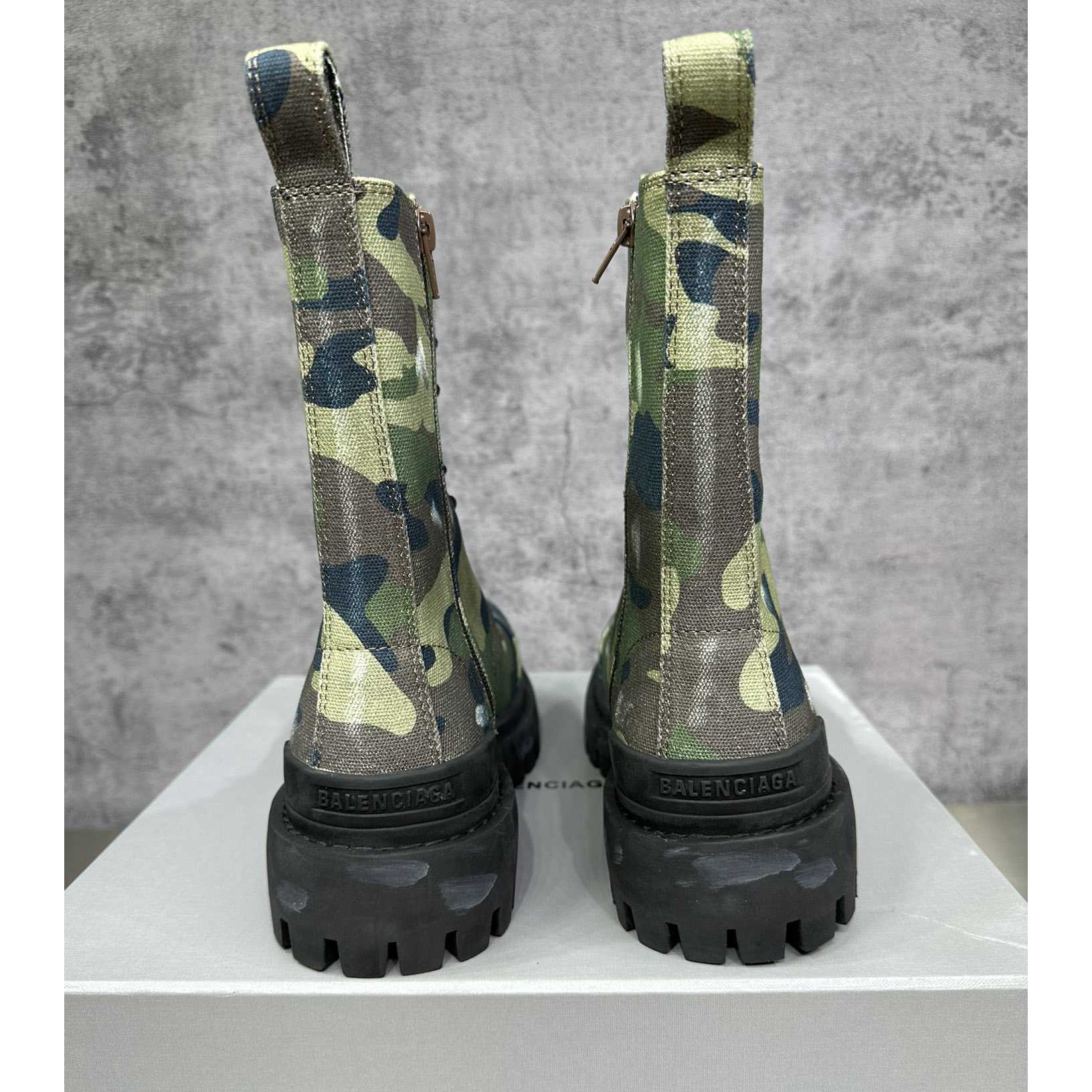 Balenciaga Strike 20mm Boot In Dark Green Camo Print On Canvas - PerfectKickZ