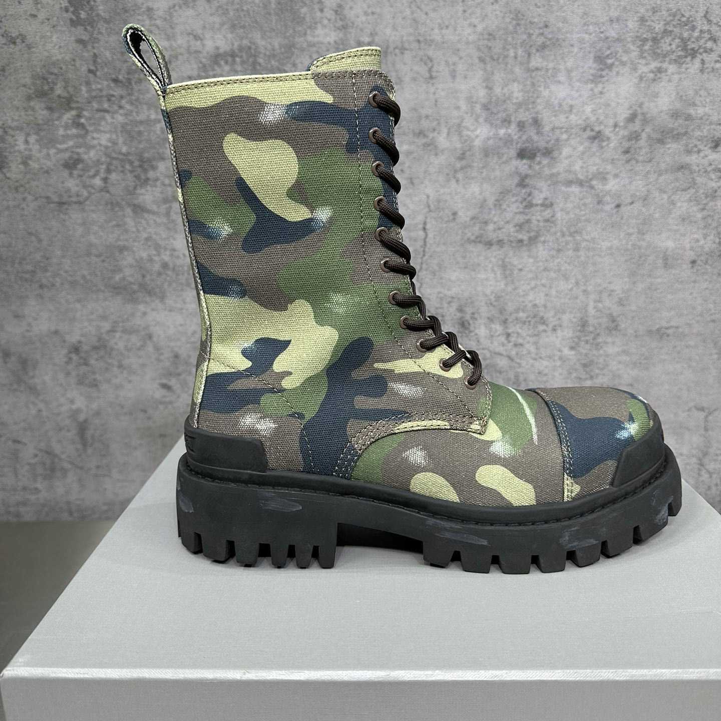 Balenciaga Strike 20mm Boot In Dark Green Camo Print On Canvas - PerfectKickZ