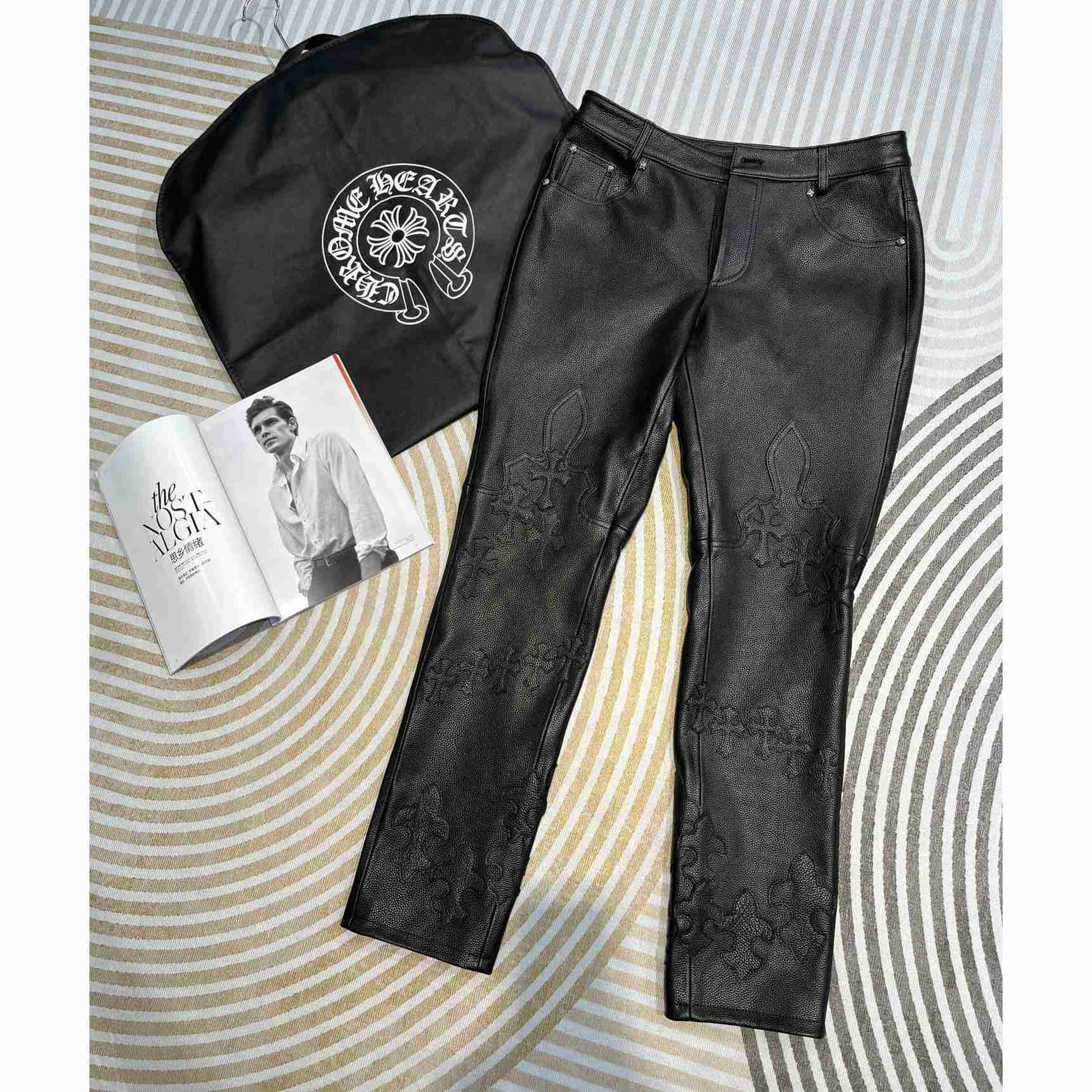 Chrome Heart Cross Patch Leather Pants - PerfectKickZ