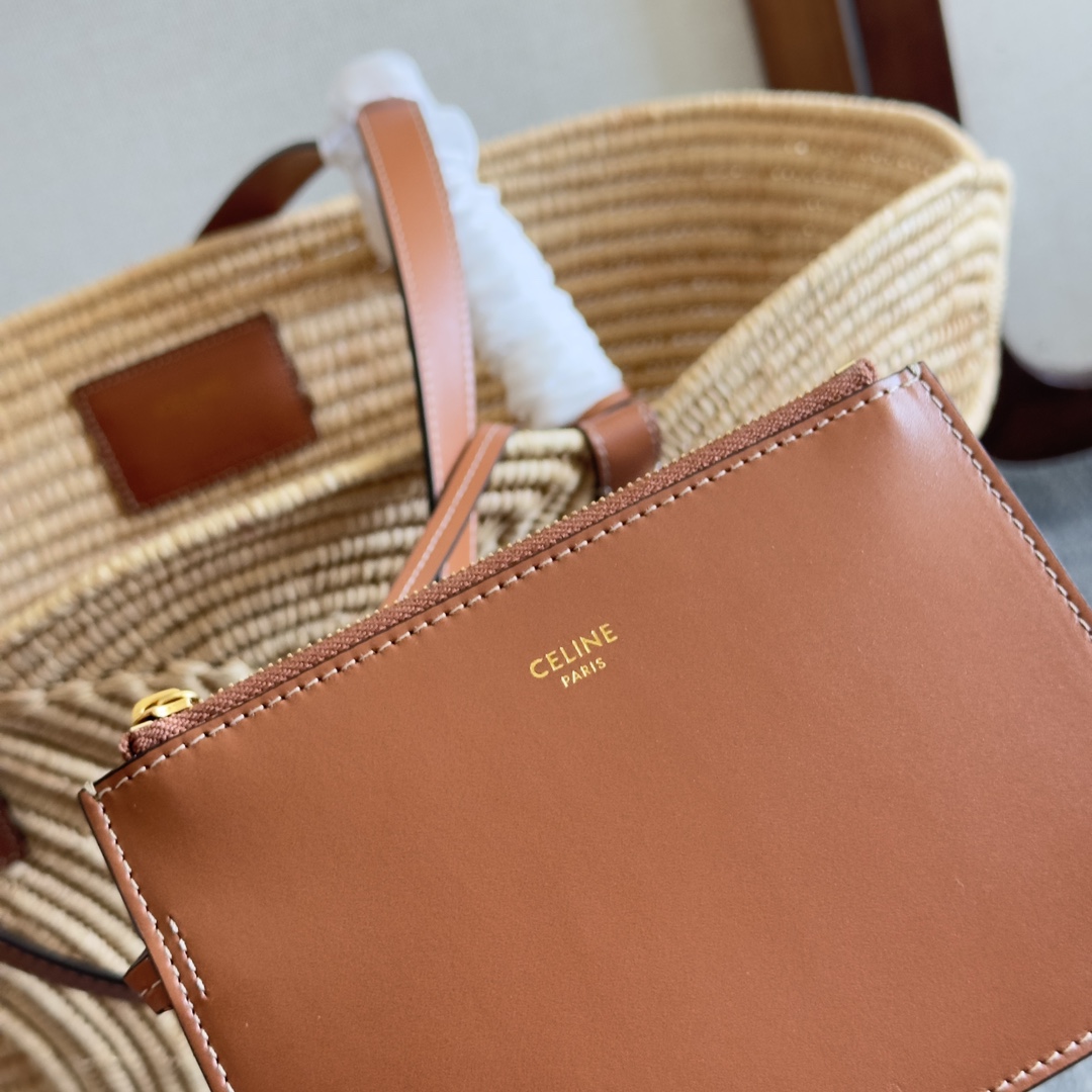 Celine Classic Panier Medium Braided Triomphe In Raffia And Calfskin - PerfectKickZ