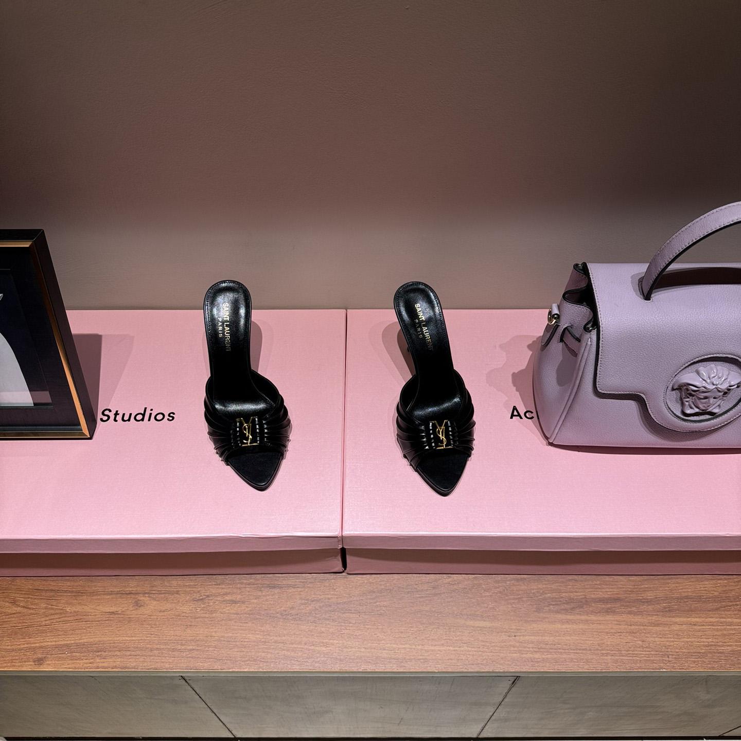 Saint Laurent Babylone YSL Ruched Leather Mule Sandals - PerfectKickZ