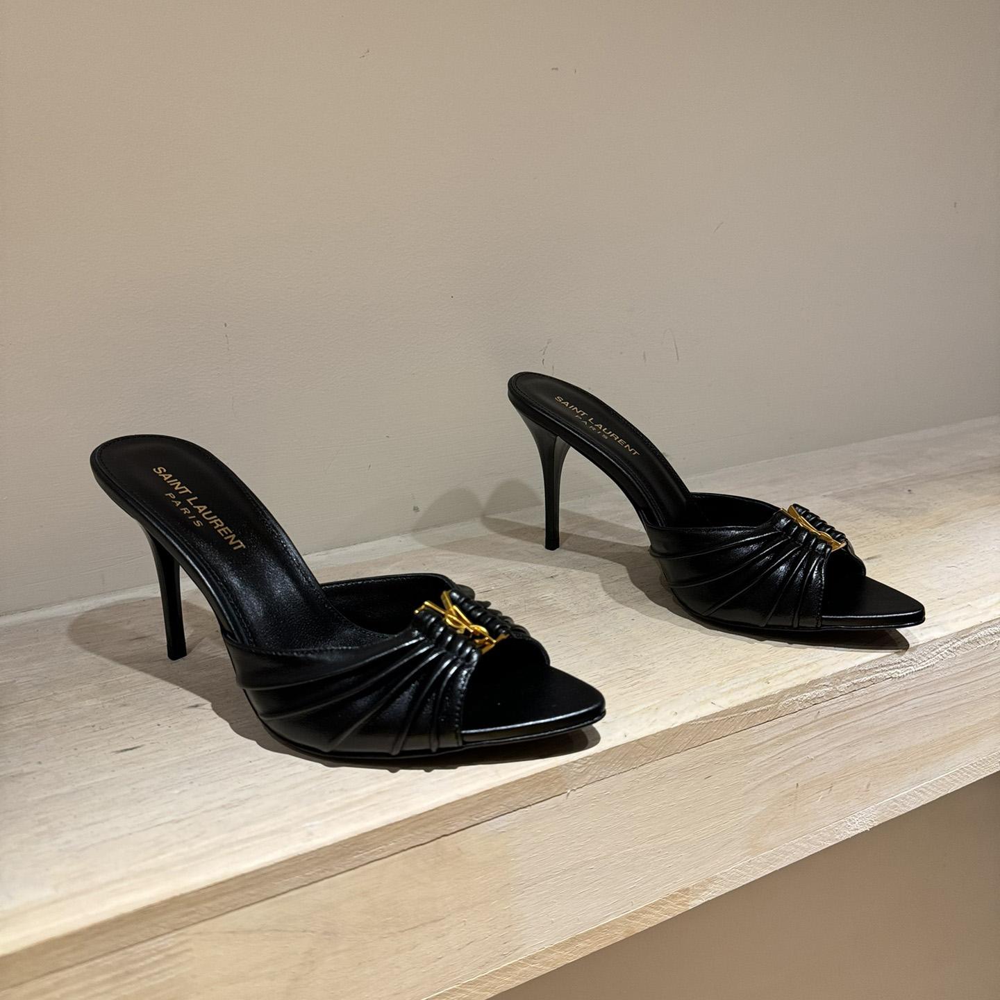 Saint Laurent Babylone YSL Ruched Leather Mule Sandals - PerfectKickZ