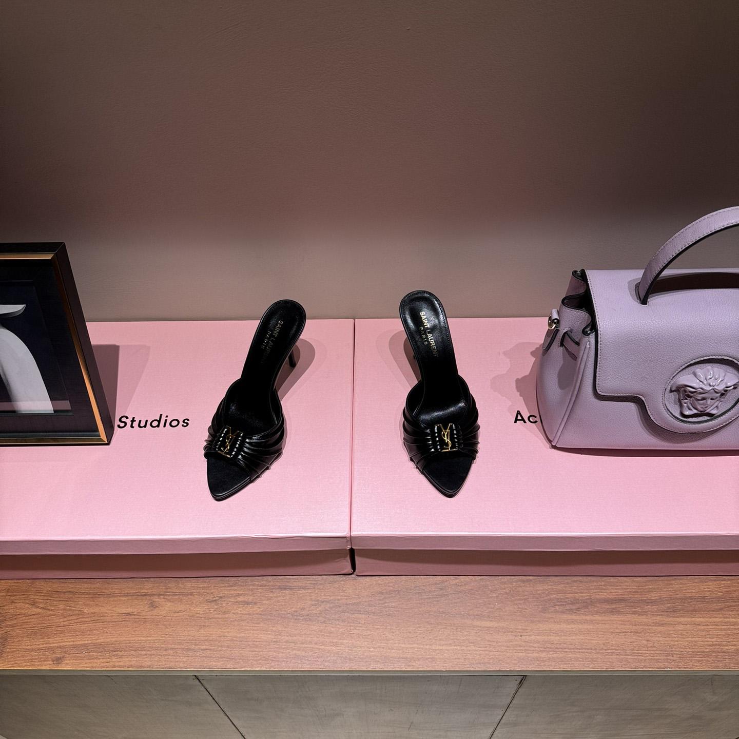 Saint Laurent Babylone YSL Ruched Leather Mule Sandals - PerfectKickZ