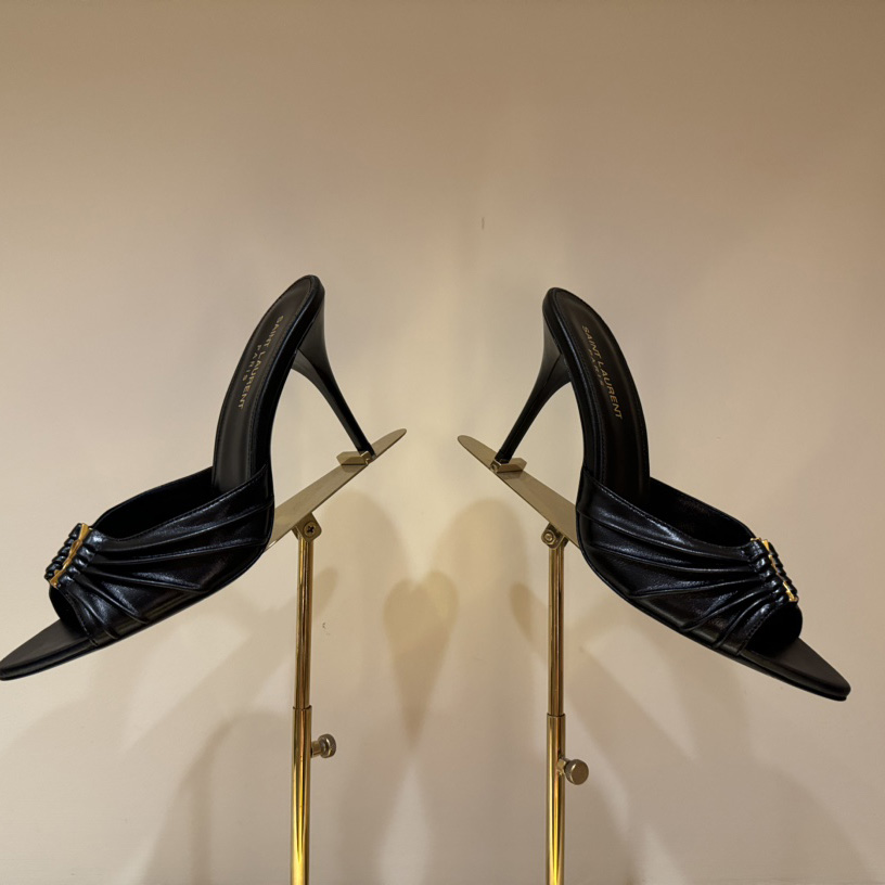 Saint Laurent Babylone YSL Ruched Leather Mule Sandals - PerfectKickZ
