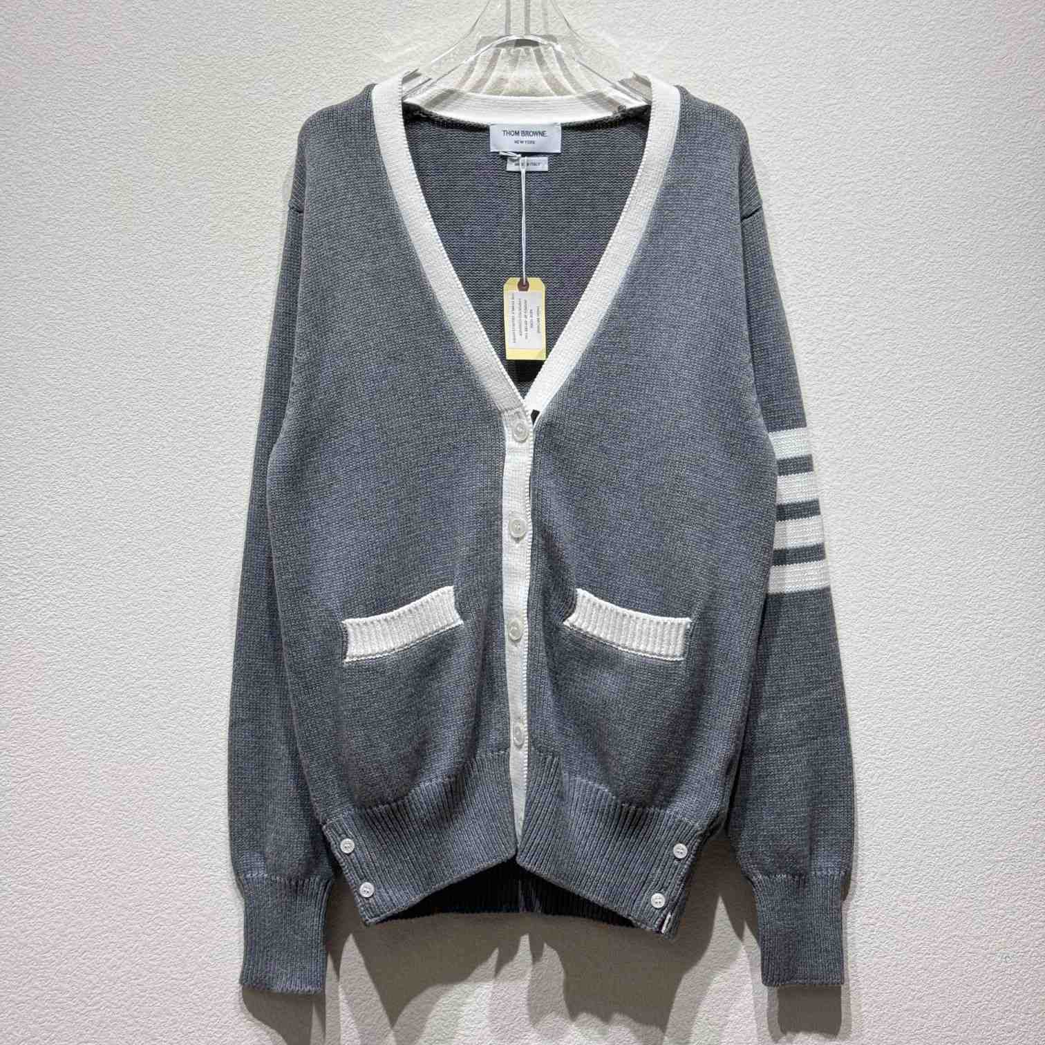 Thom Browne Cotton Hector Pointelle 4-bar V-neck Cardigan - PerfectKickZ