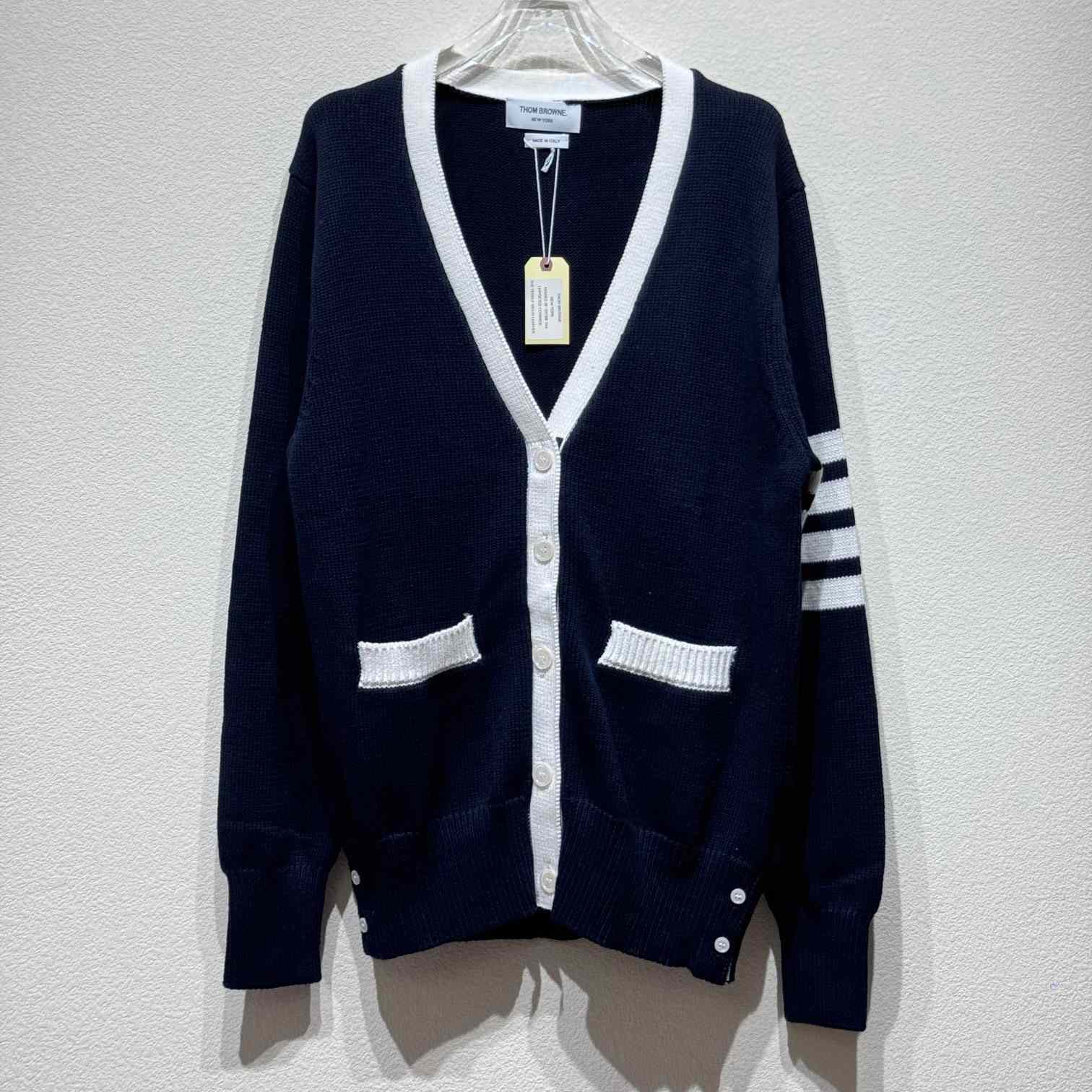Thom Browne Cotton Hector Pointelle 4-bar V-neck Cardigan - PerfectKickZ