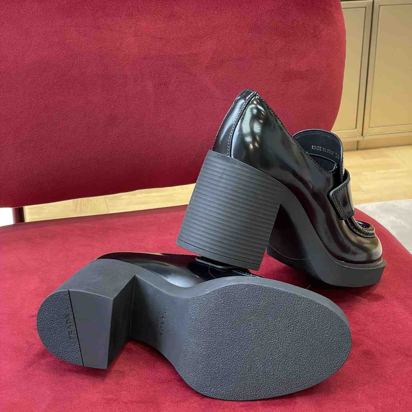 Prada Chocolate High-Heeled Brushed Leather Loafers   - PerfectKickZ