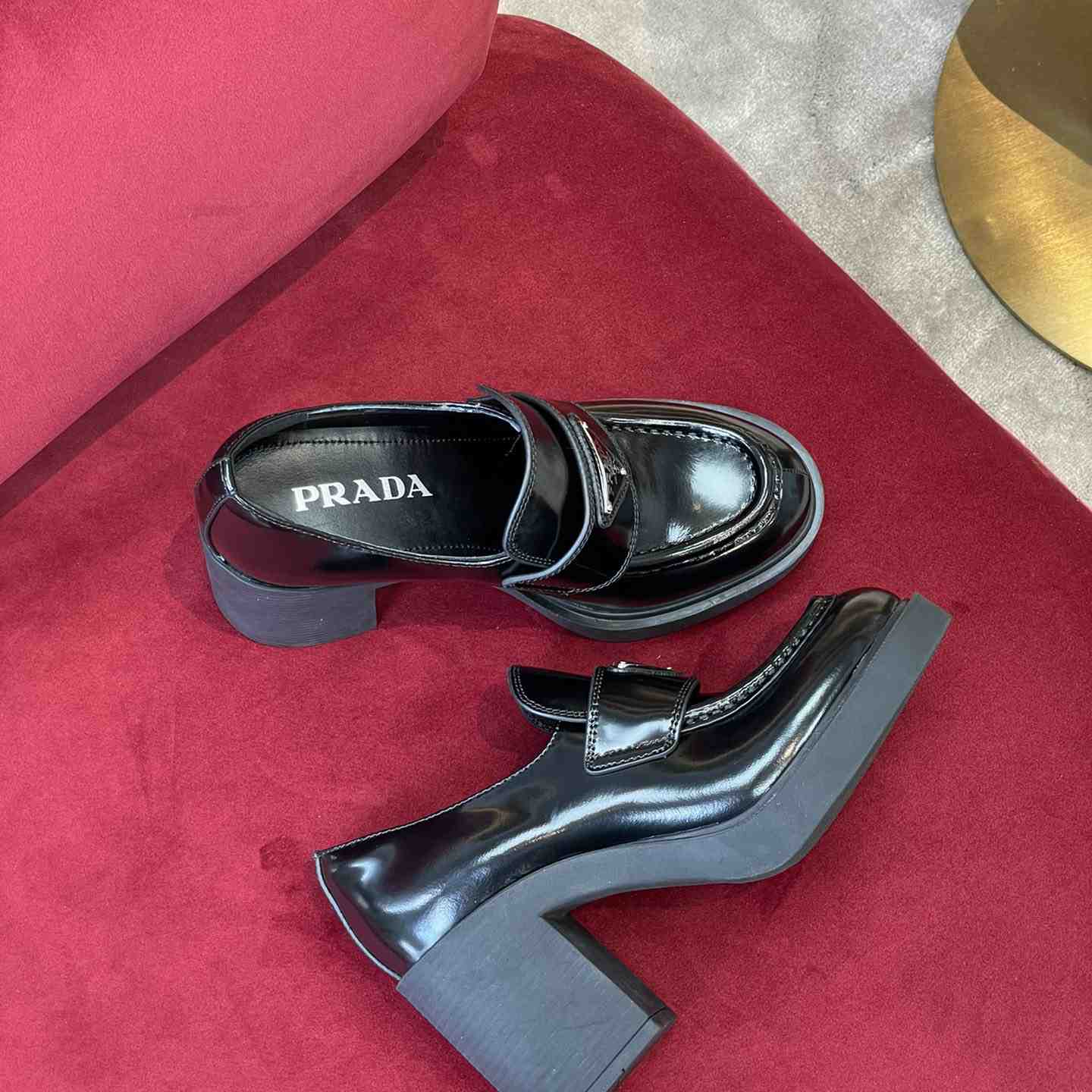 Prada Chocolate High-Heeled Brushed Leather Loafers   - PerfectKickZ