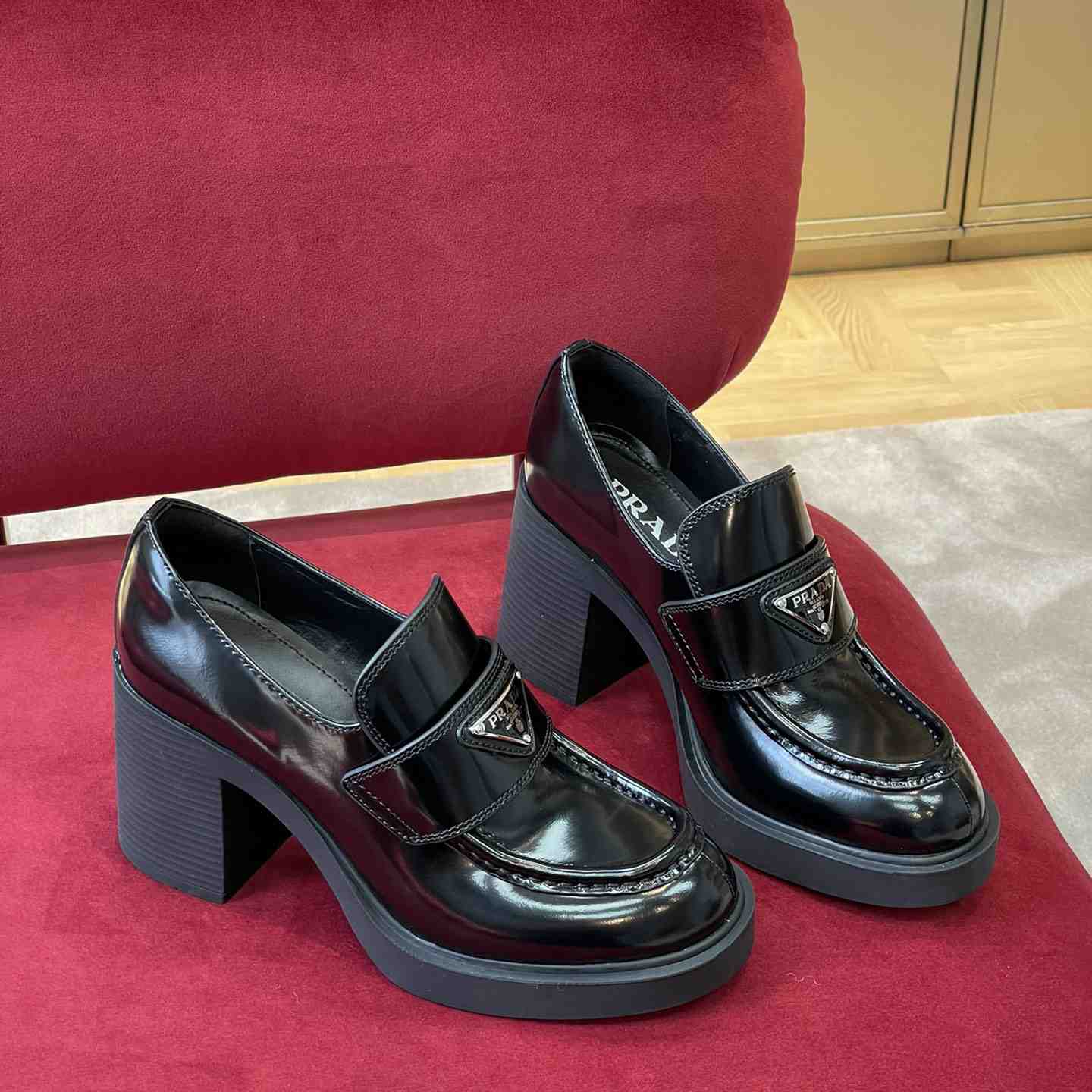 Prada Chocolate High-Heeled Brushed Leather Loafers   - PerfectKickZ