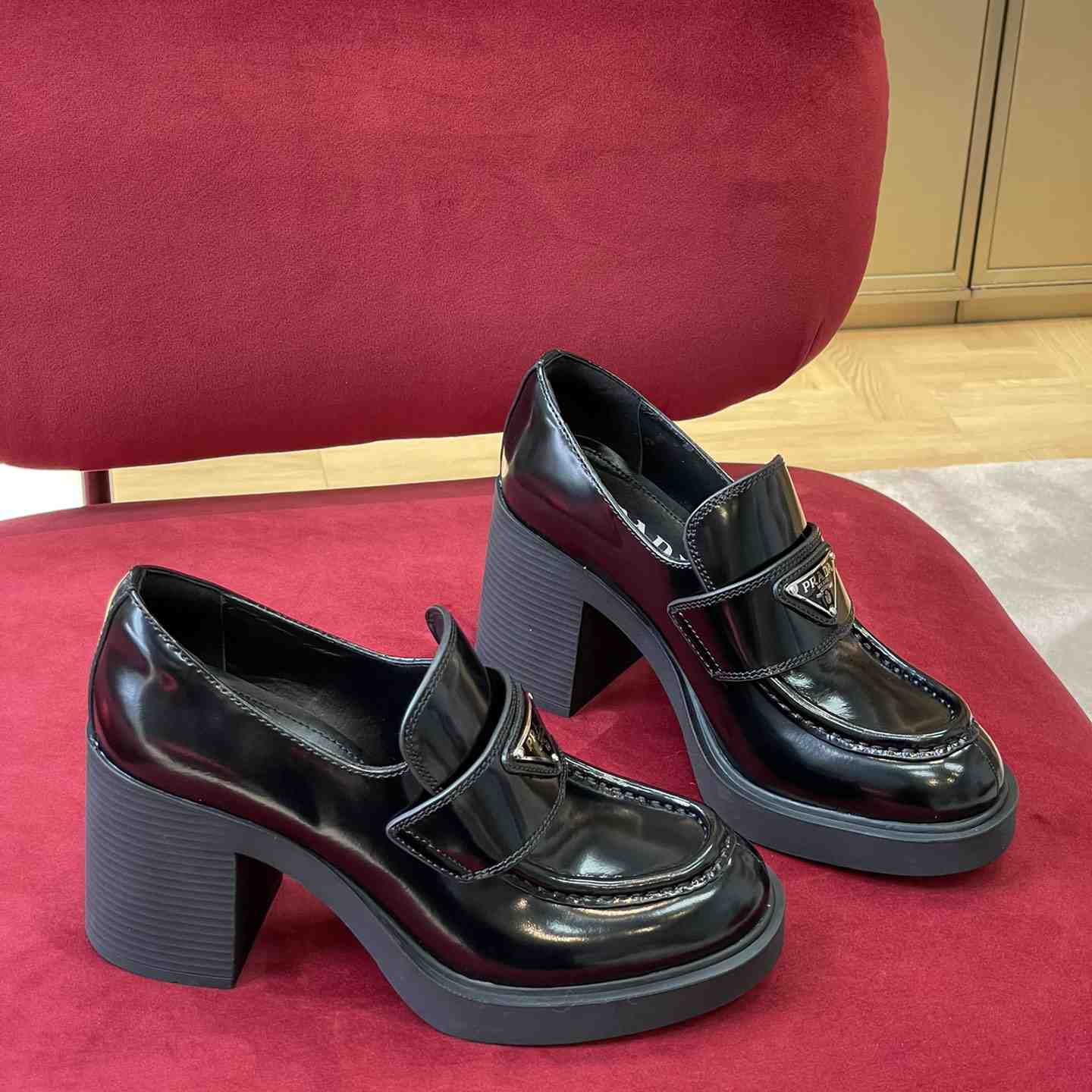 Prada Chocolate High-Heeled Brushed Leather Loafers   - PerfectKickZ