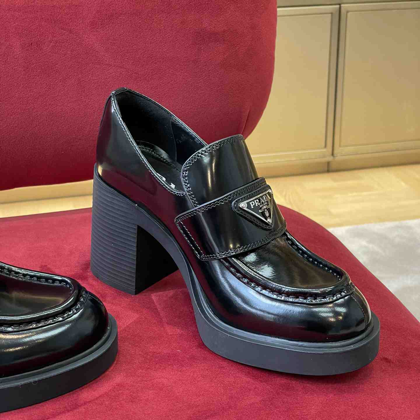 Prada Chocolate High-Heeled Brushed Leather Loafers   - PerfectKickZ