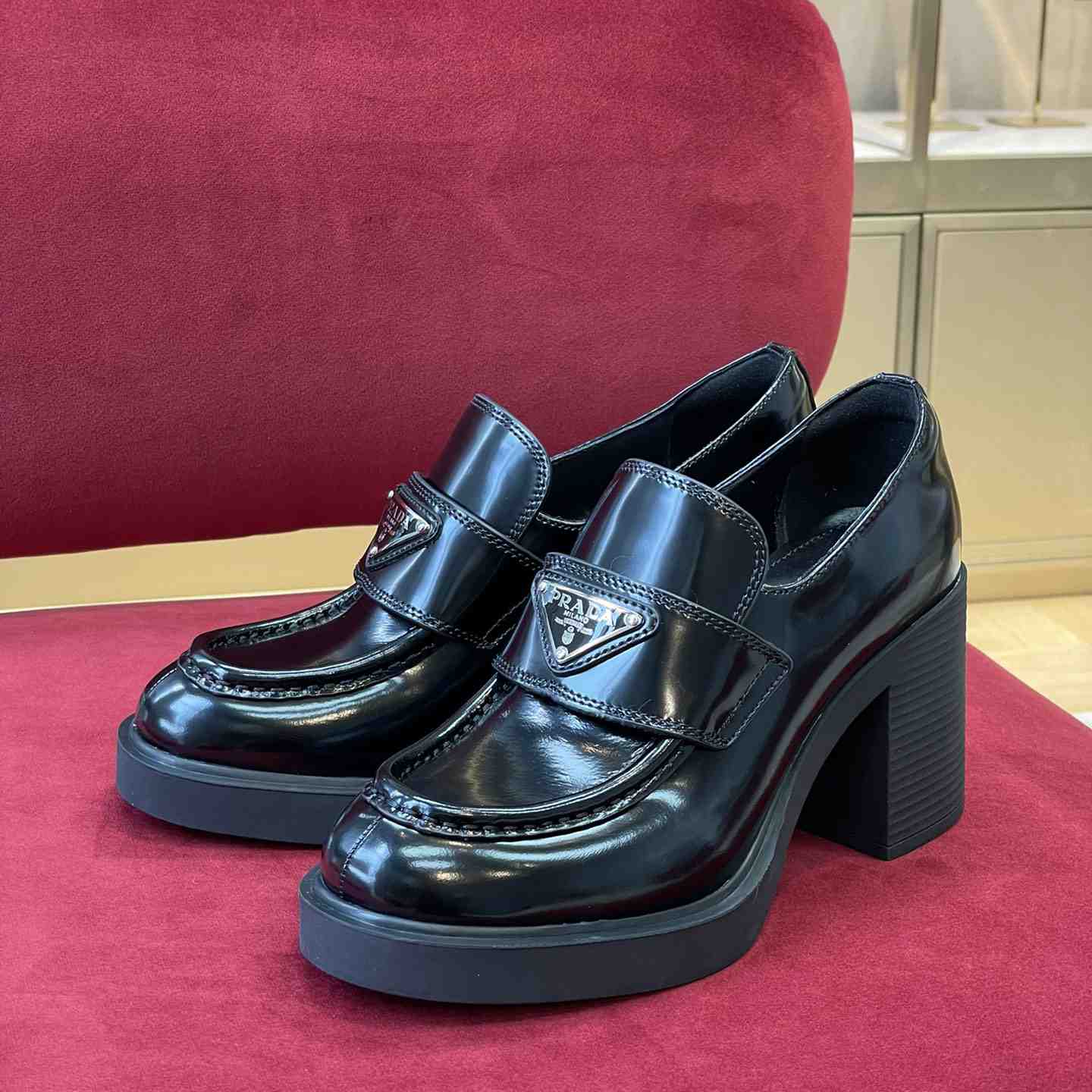 Prada Chocolate High-Heeled Brushed Leather Loafers   - PerfectKickZ