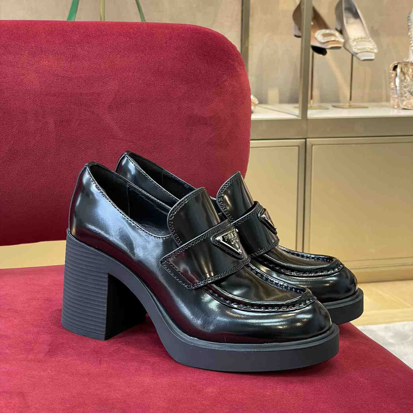 Prada Chocolate High-Heeled Brushed Leather Loafers   - PerfectKickZ