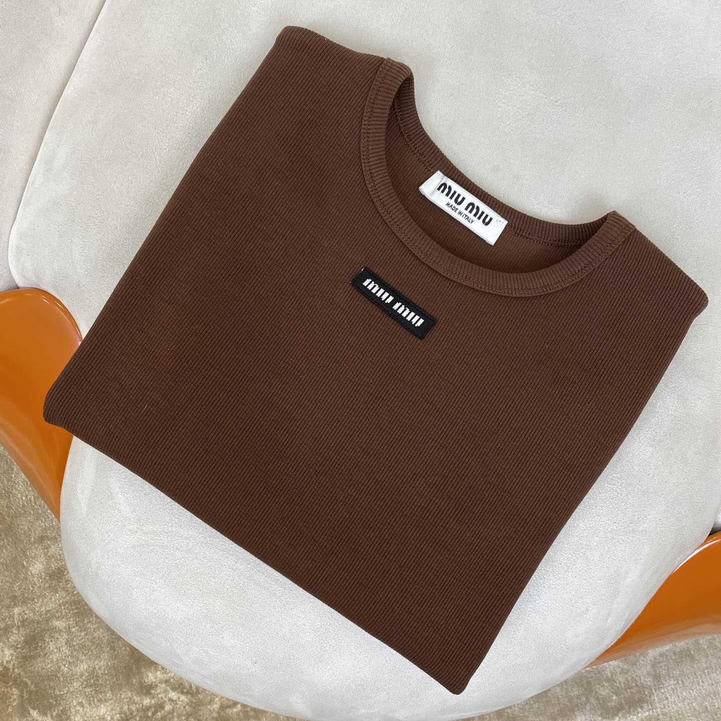 Miu Miu Brown Ribbed Cropped T-Shirt - PerfectKickZ