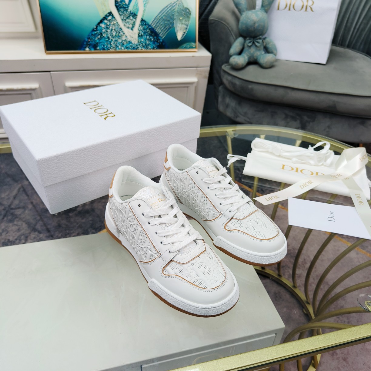 Dior One White and Nude Dior Oblique Perforated Calfskin Sneaker  - PerfectKickZ