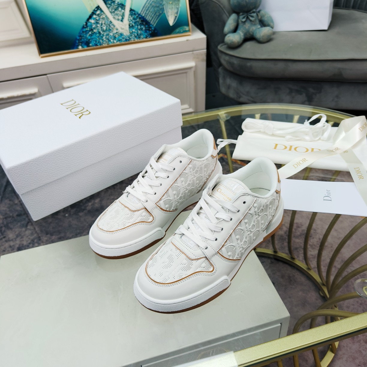 Dior One White and Nude Dior Oblique Perforated Calfskin Sneaker  - PerfectKickZ