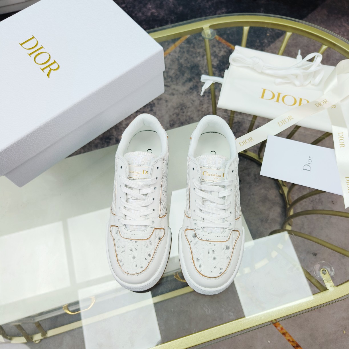 Dior One White and Nude Dior Oblique Perforated Calfskin Sneaker  - PerfectKickZ