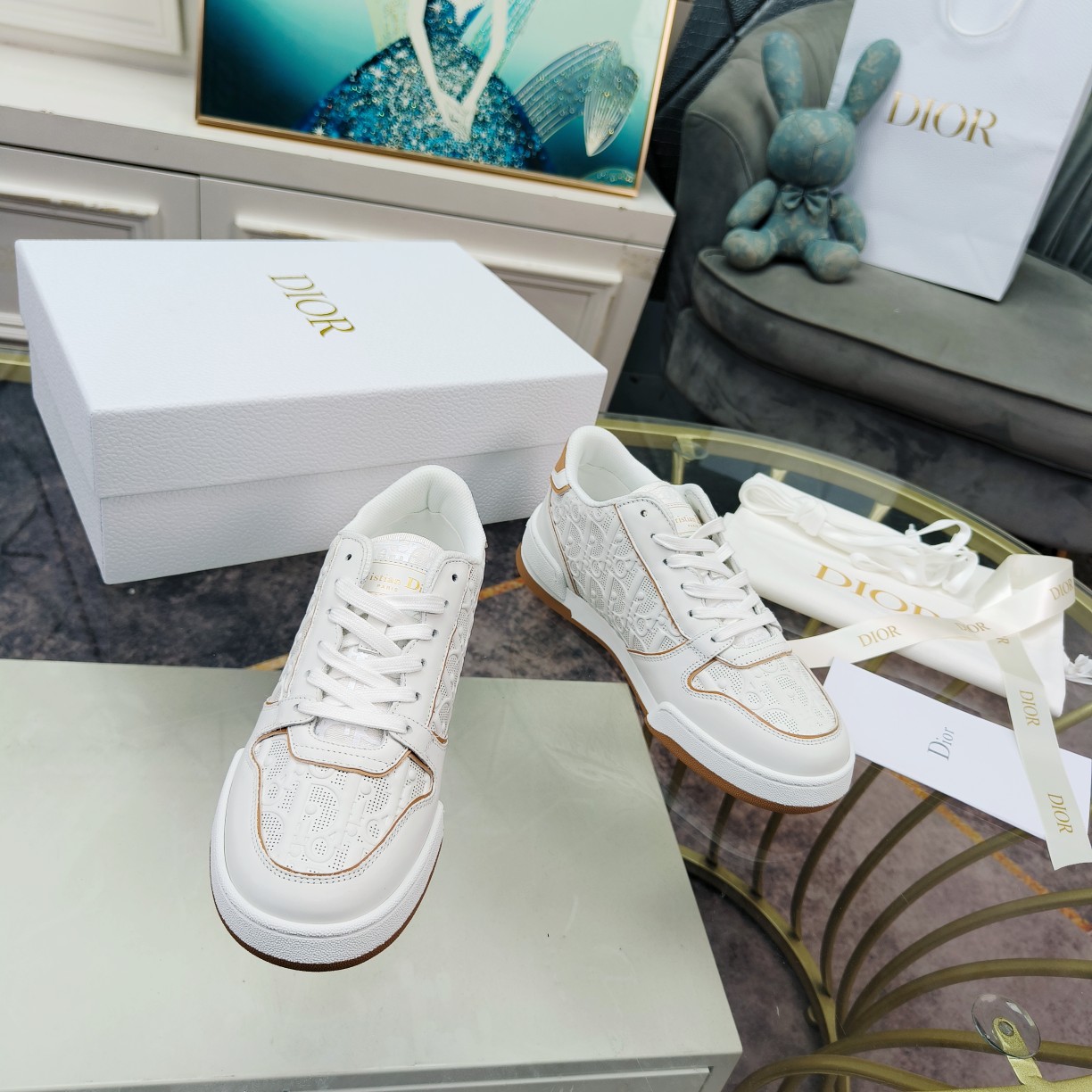 Dior One White and Nude Dior Oblique Perforated Calfskin Sneaker  - PerfectKickZ