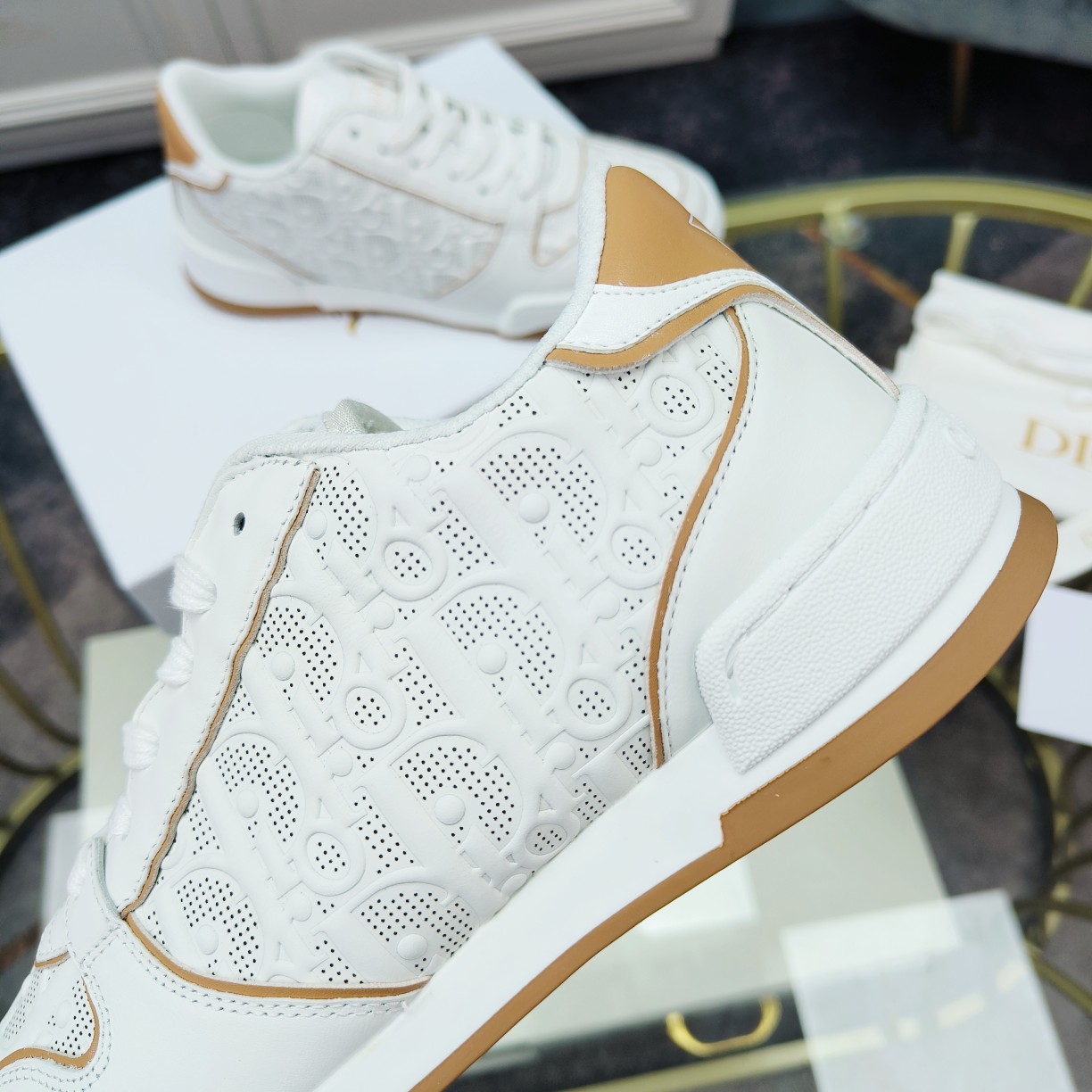 Dior One White and Nude Dior Oblique Perforated Calfskin Sneaker  - PerfectKickZ