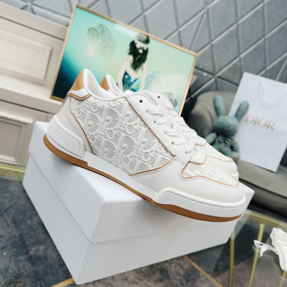 Dior One White and Nude Dior Oblique Perforated Calfskin Sneaker  - PerfectKickZ