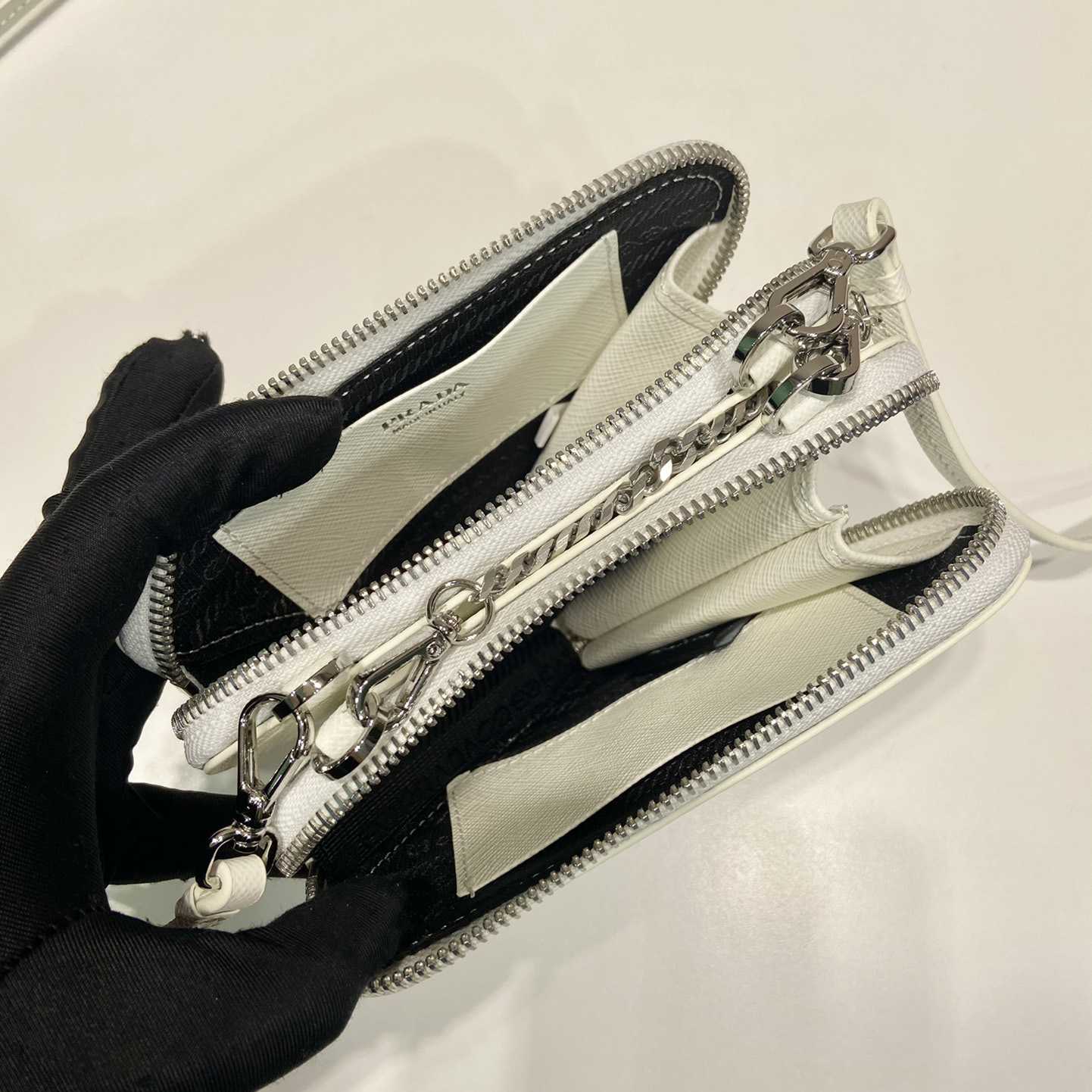 Prada Triangular Embellished Satin And Leather Mini-pouch - PerfectKickZ
