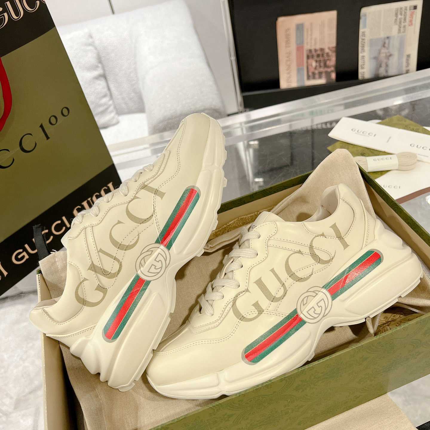 Gucci Rhyton Logo Ivory Leather Sneaker - PerfectKickZ