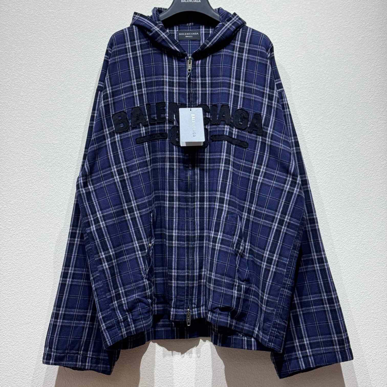 Balenciaga BB Center Logo Blue Check Hood Jacket - PerfectKickZ