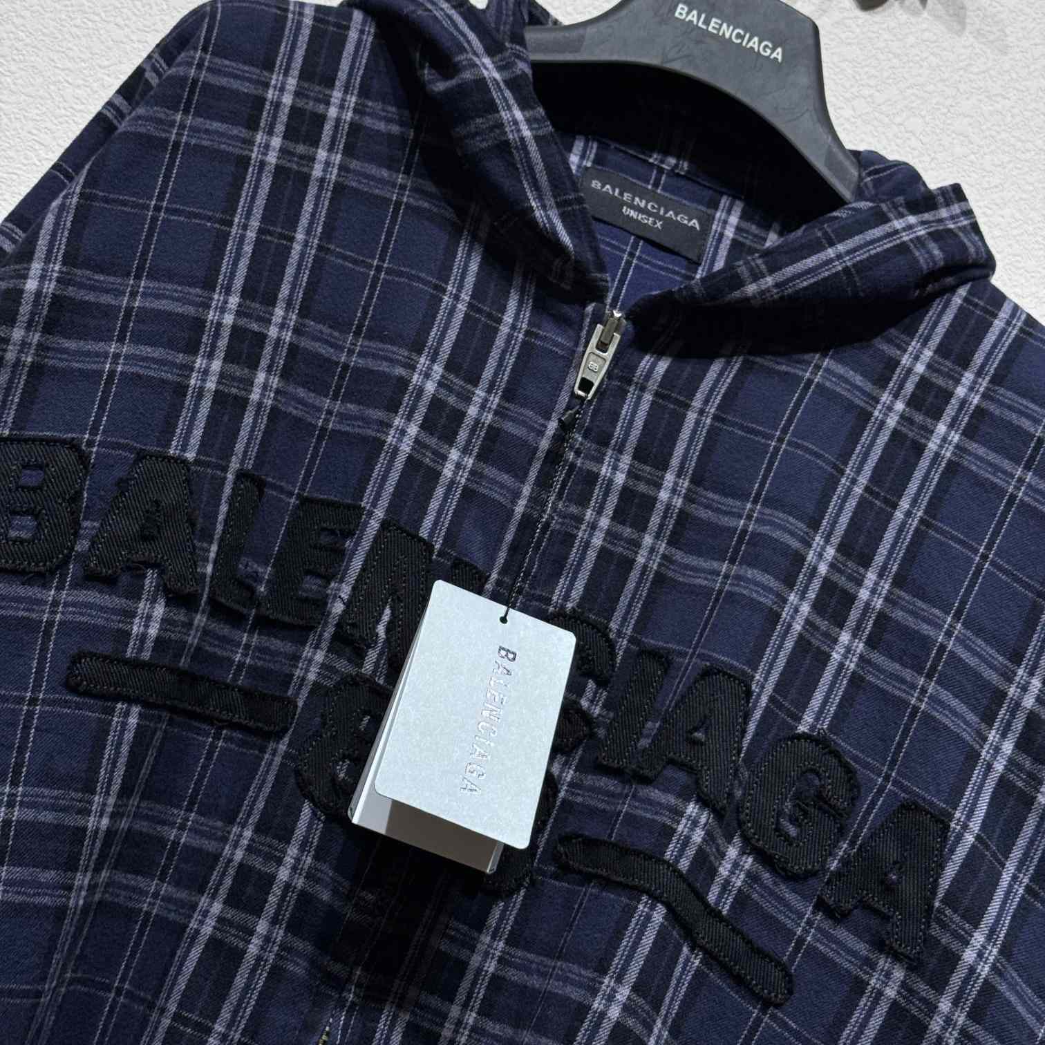 Balenciaga BB Center Logo Blue Check Hood Jacket - PerfectKickZ