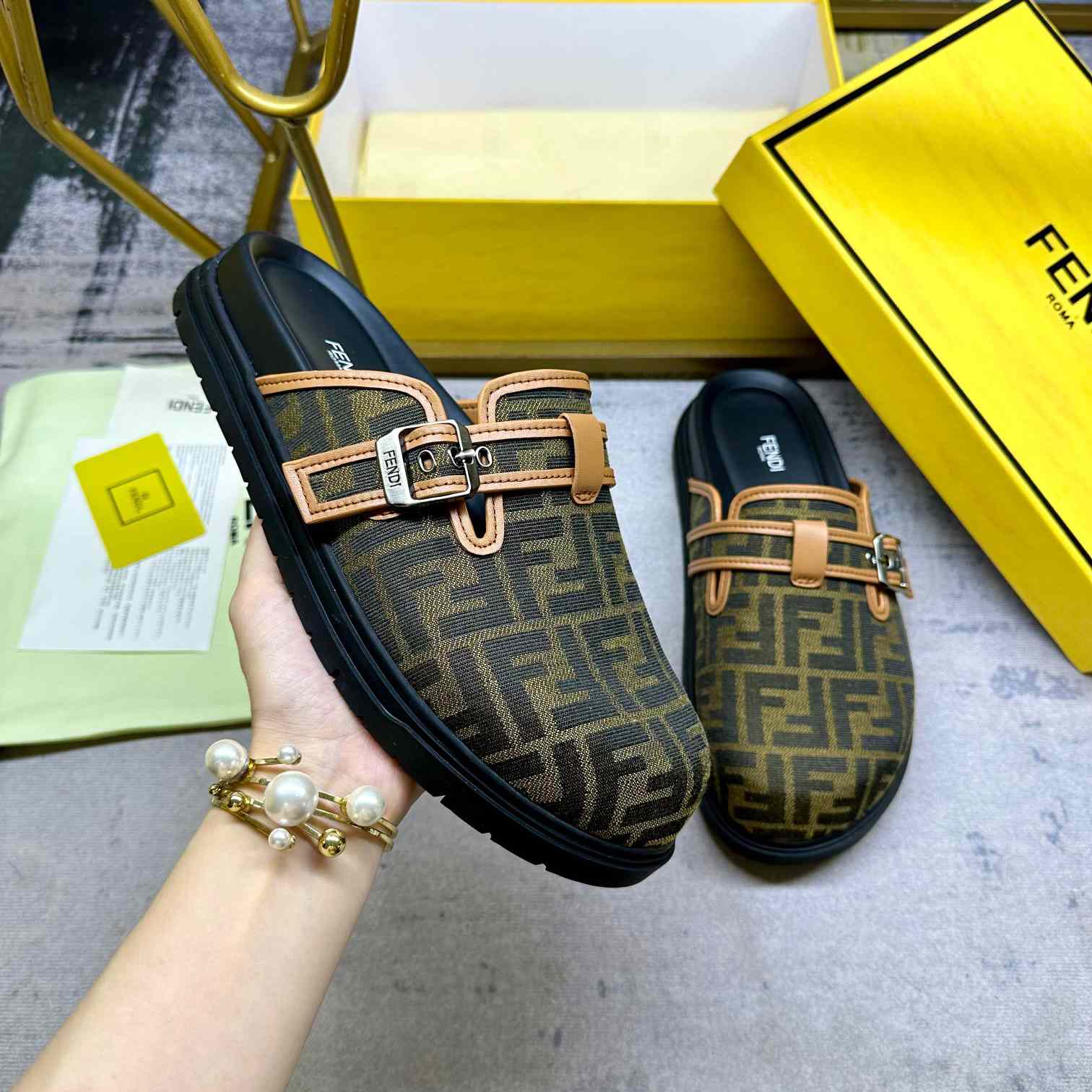 Fendi Feel Brown FF Jacquard Sandals - PerfectKickZ