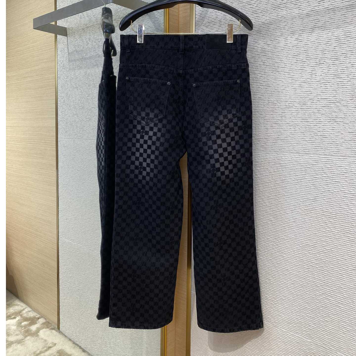 Louis Vuitton Flocked Damier Denim Wide-Leg Pants   1AHBKQ - PerfectKickZ