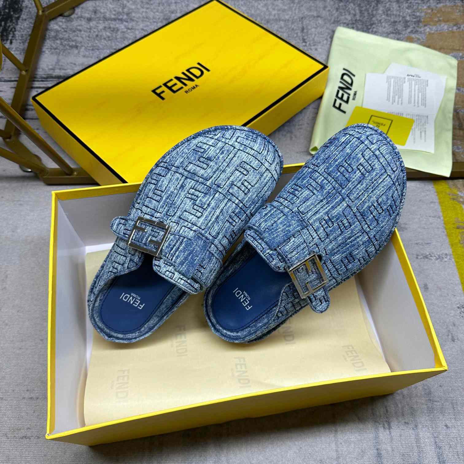 Fendi Feel Cotton Denim Logo Slip On Slide Clog Mule Flat - PerfectKickZ