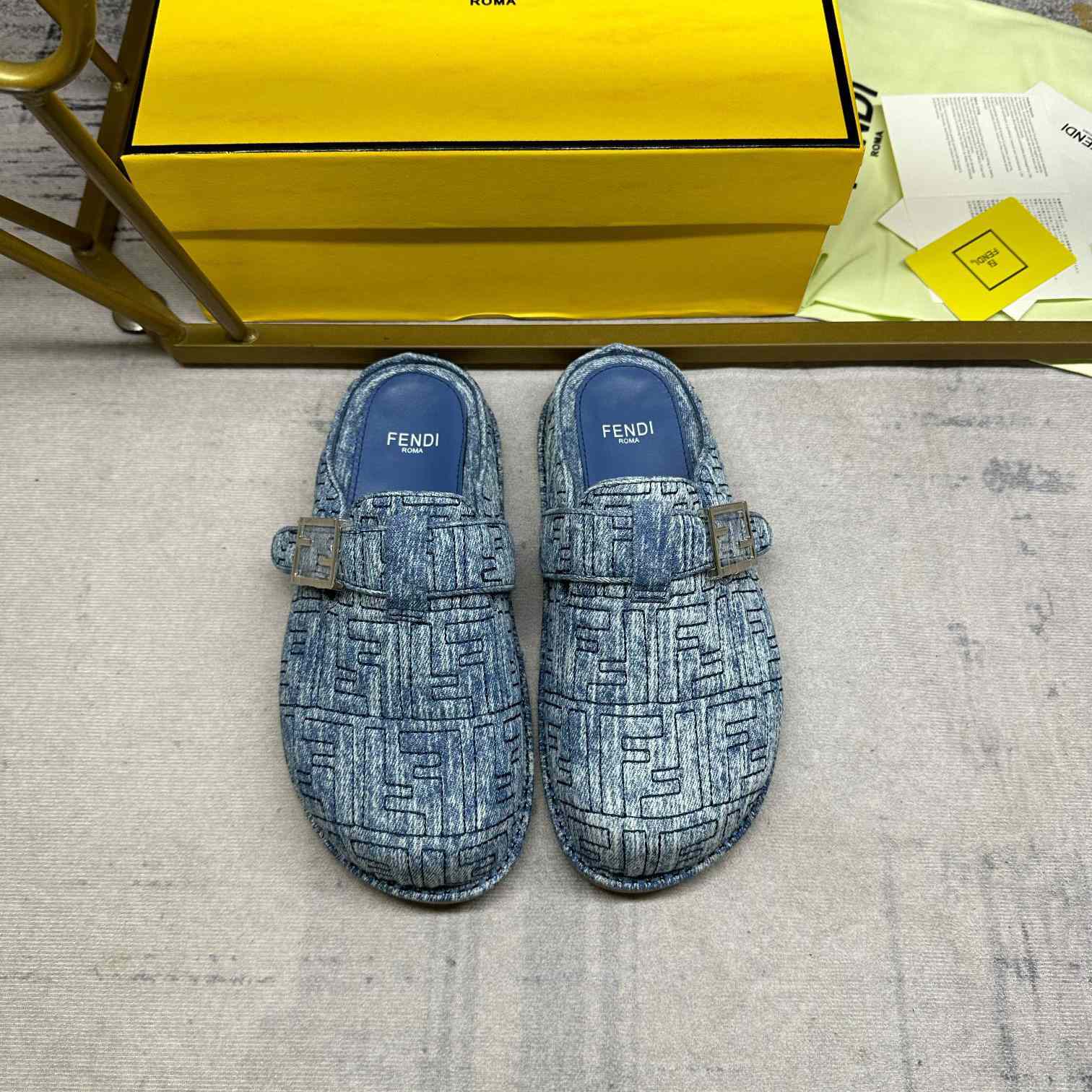 Fendi Feel Cotton Denim Logo Slip On Slide Clog Mule Flat - PerfectKickZ