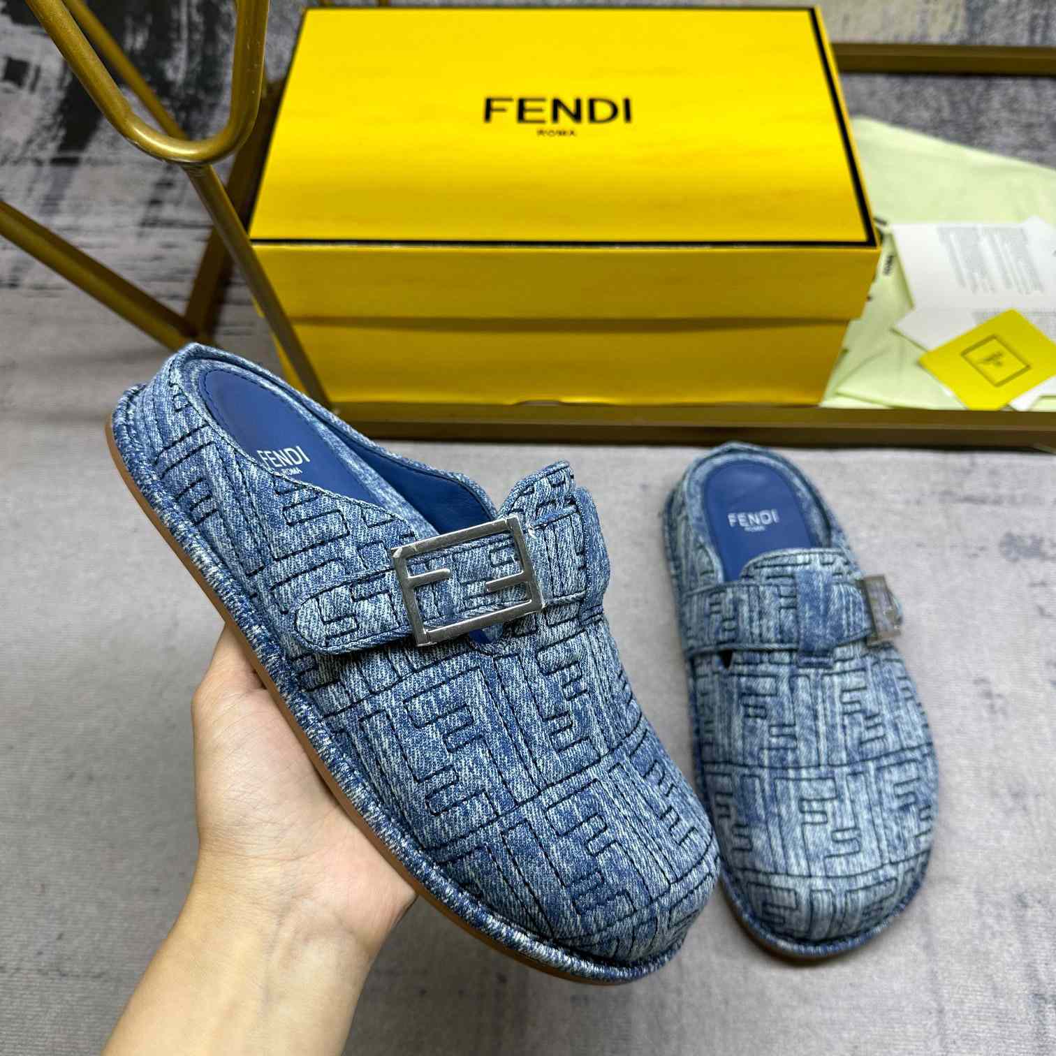 Fendi Feel Cotton Denim Logo Slip On Slide Clog Mule Flat - PerfectKickZ