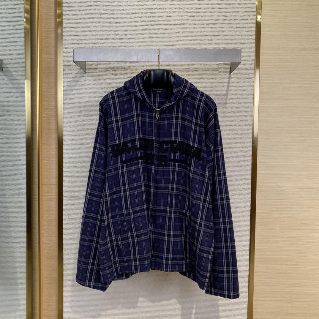 Balenciaga SS25 Logo Embroidered Hooded Check Jacket - PerfectKickZ